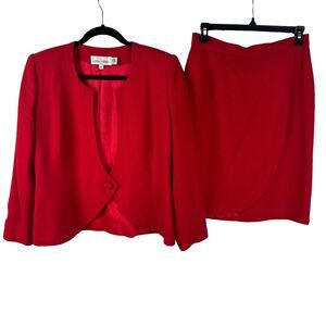 Casual Corner Vintage 100% Wool Red 2 Piece Skirt Suit Size 8 One Button